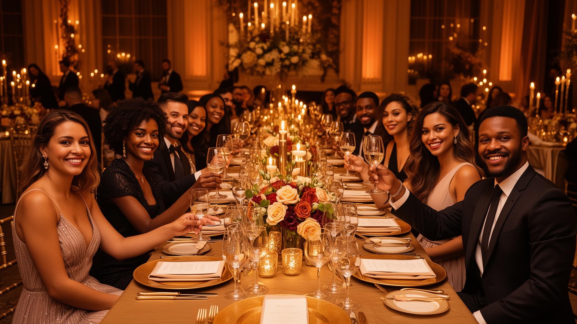 Elegant candlelit dinner party with friends raising glasses at a long table