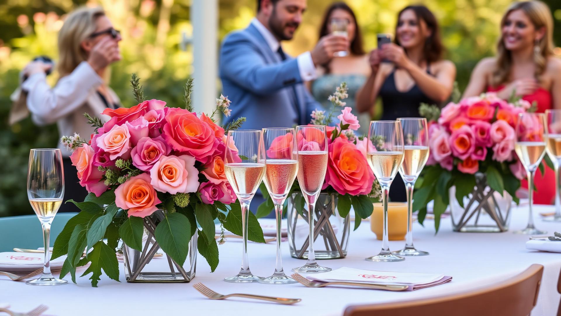 Elegant floral brunch table with pink roses and champagne glasses