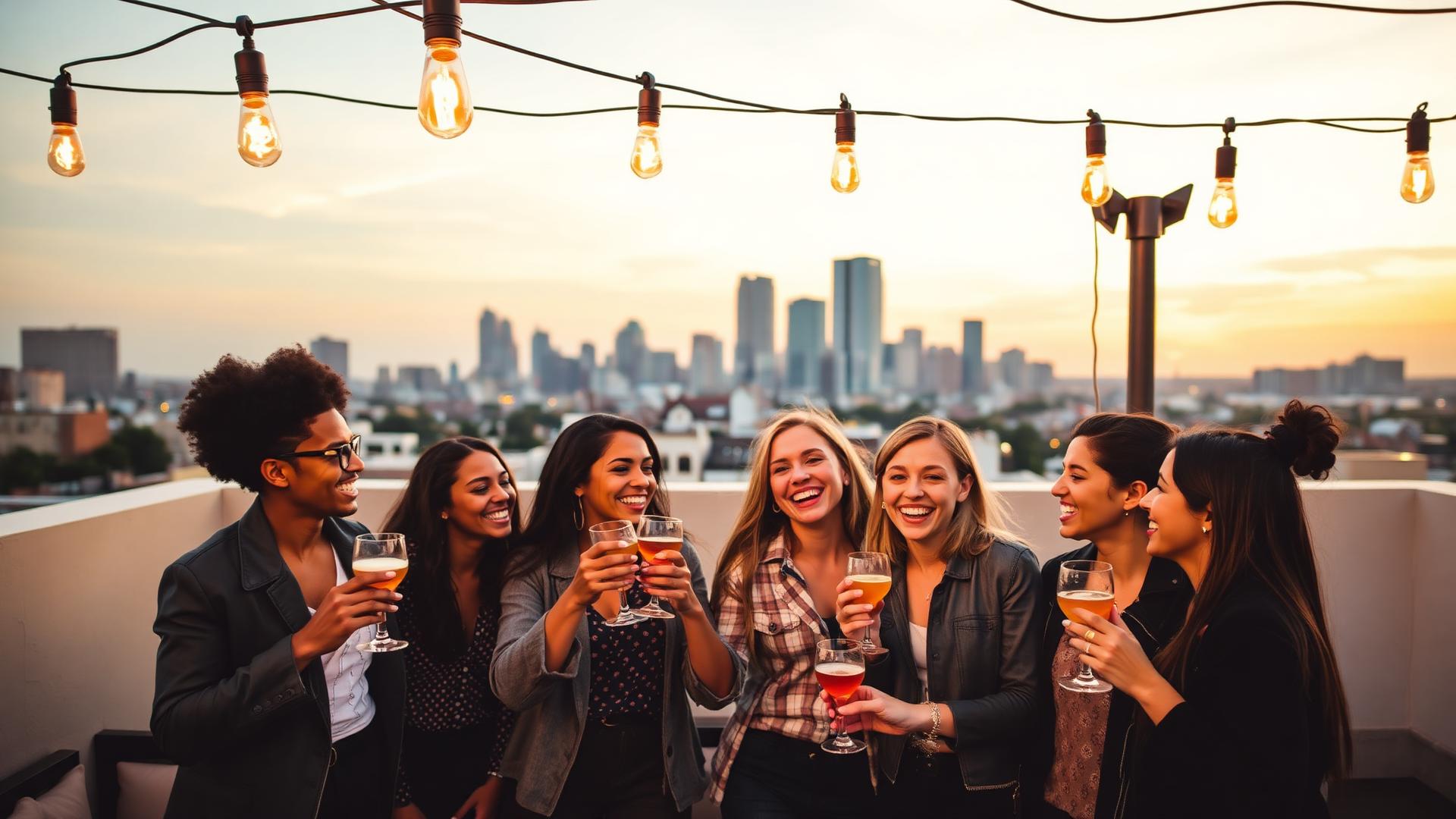 Diverse friends toasting on a rooftop with string lights and city skyline at sunset