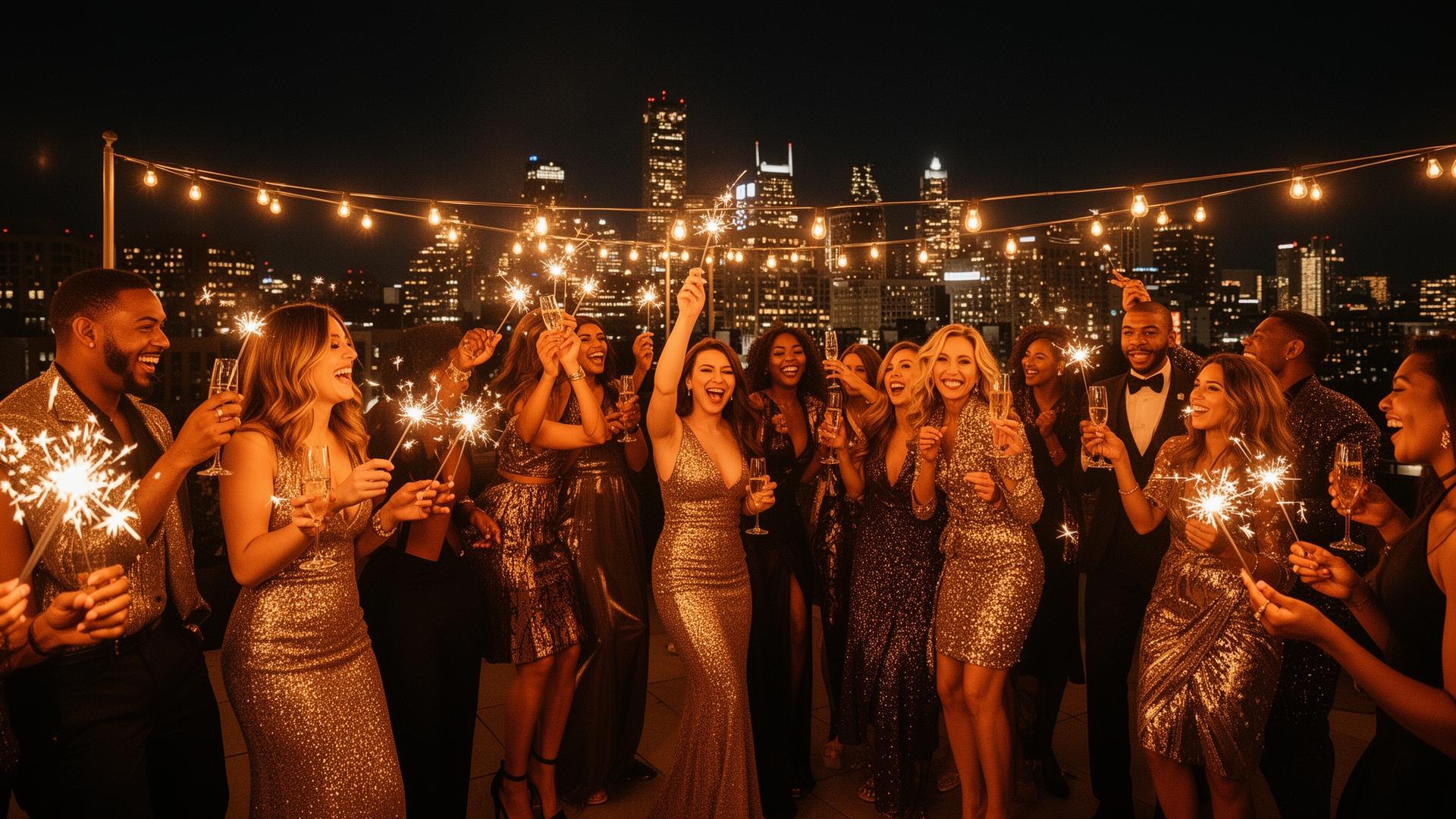 Glamorous rooftop celebration at night with sparklers and champagne