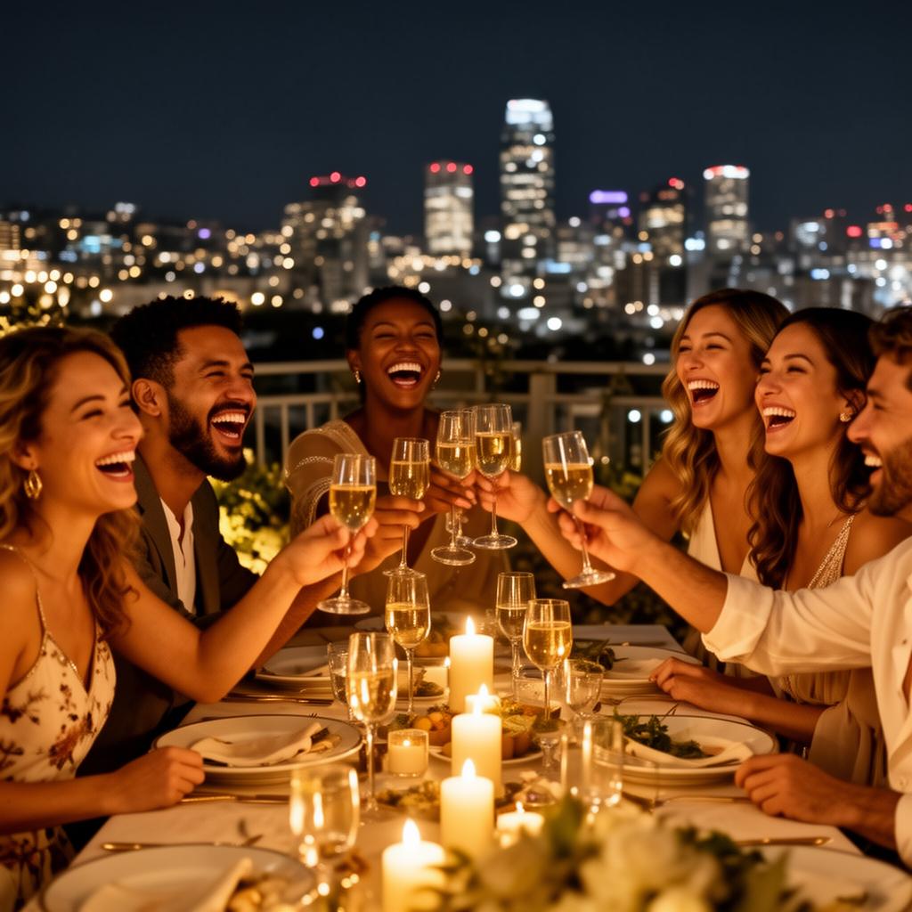 Friends laughing and toasting champagne at a rooftop dinner with Atlanta skyline