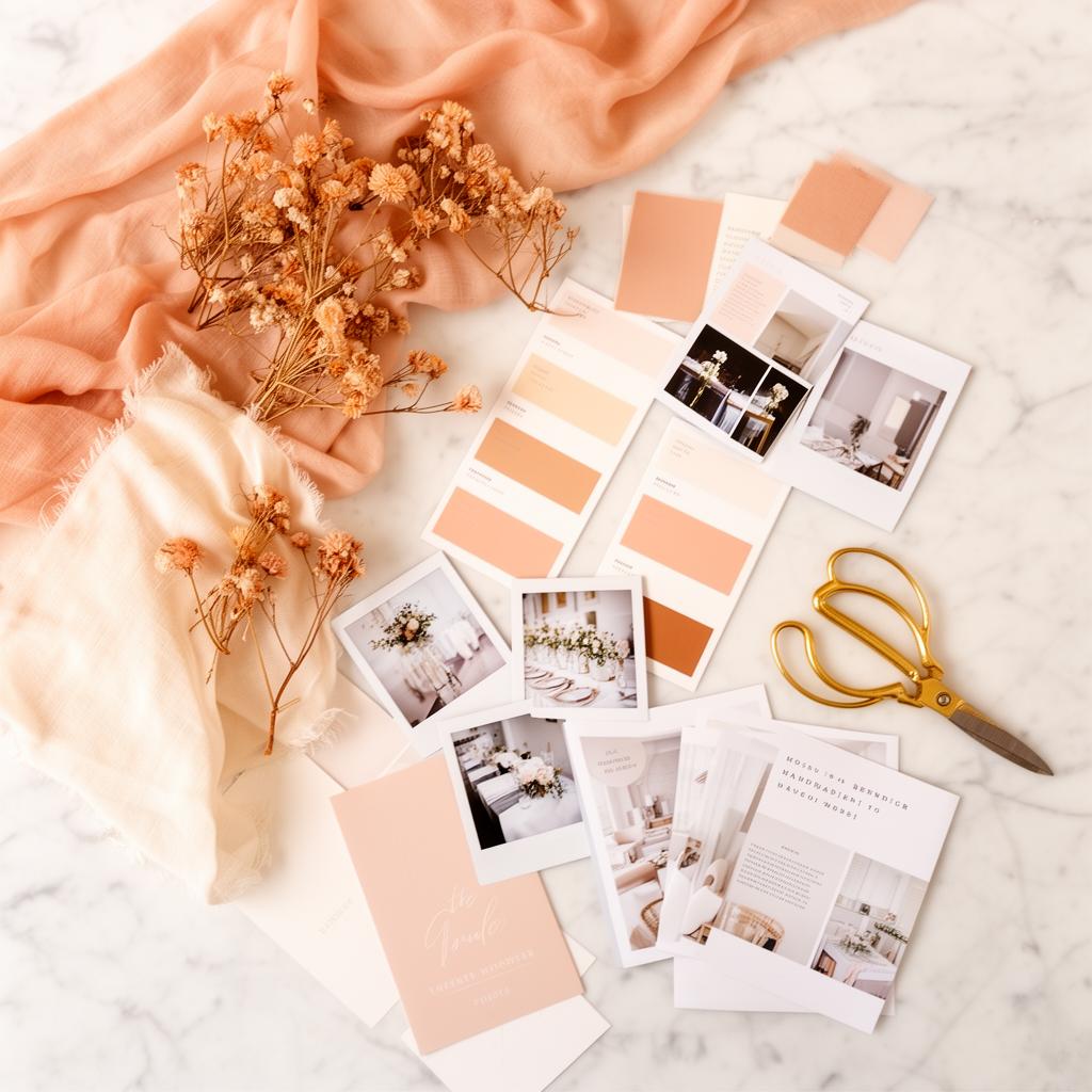 Flat lay of mood board with fabric swatches florals and design samples