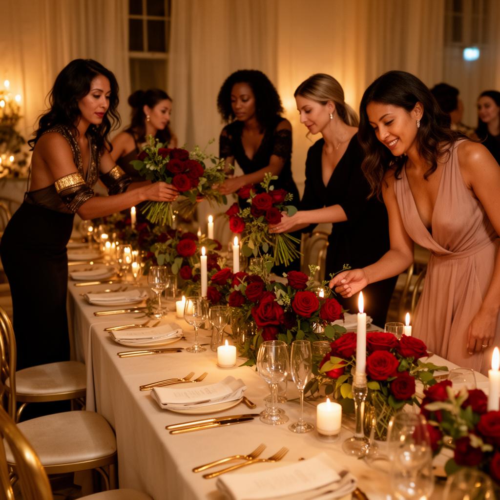 Event team setting up an elegant candlelit dinner with red roses