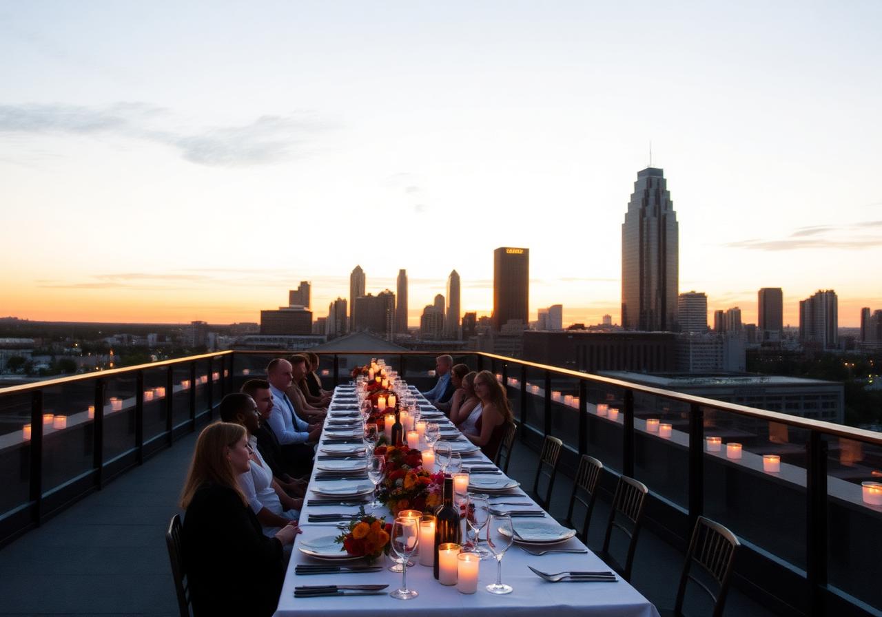 Rooftop dinner at golden hour with Atlanta skyline