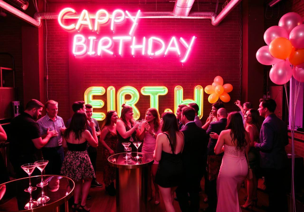 Vibrant warehouse birthday with neon signage