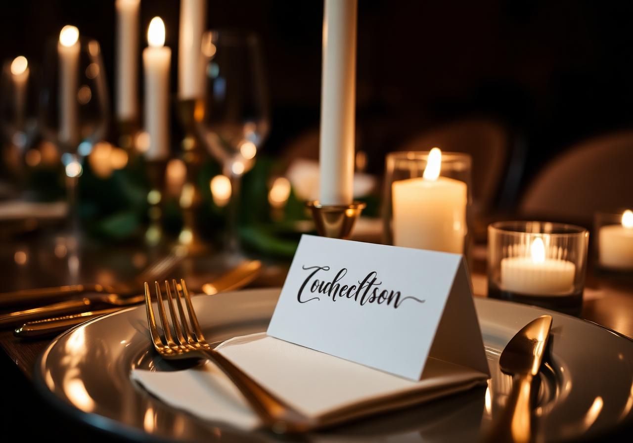 Calligraphed place setting at candlelit dinner