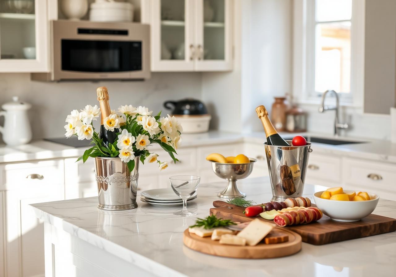 Stocked Airbnb kitchen with champagne and charcuterie