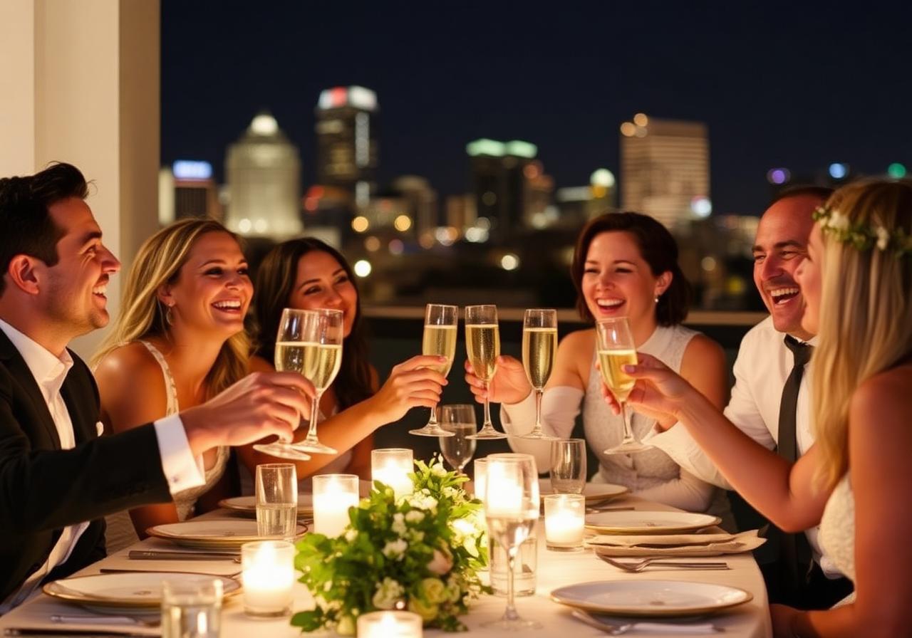 Friends laughing and toasting champagne at a rooftop dinner with Atlanta skyline