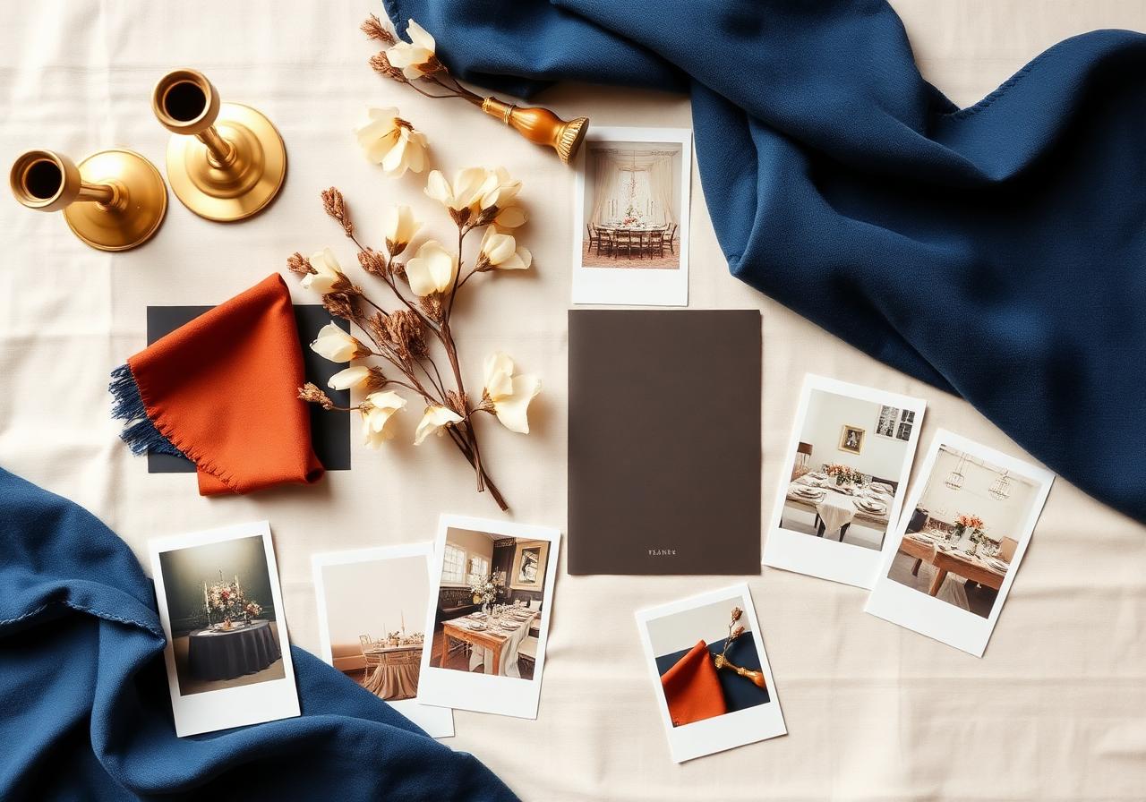 Flat lay of mood board with fabric swatches florals and design samples