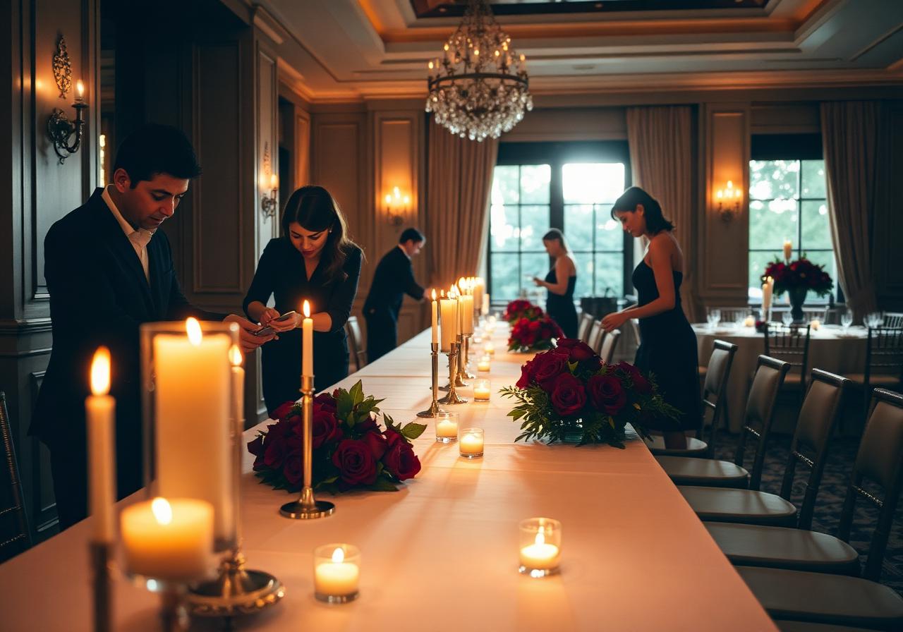 Event team setting up an elegant candlelit dinner with red roses